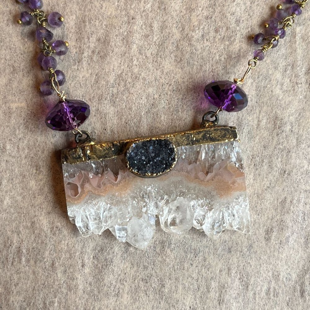Raw Amethyst Quartz Pendant Necklace Druzy Gemstone February Birthstone Gypsy‎